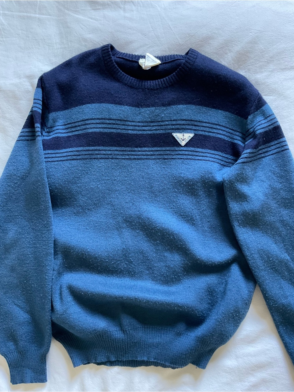 Unisex Blue Crewneck Striped Sweater, says “marine club”